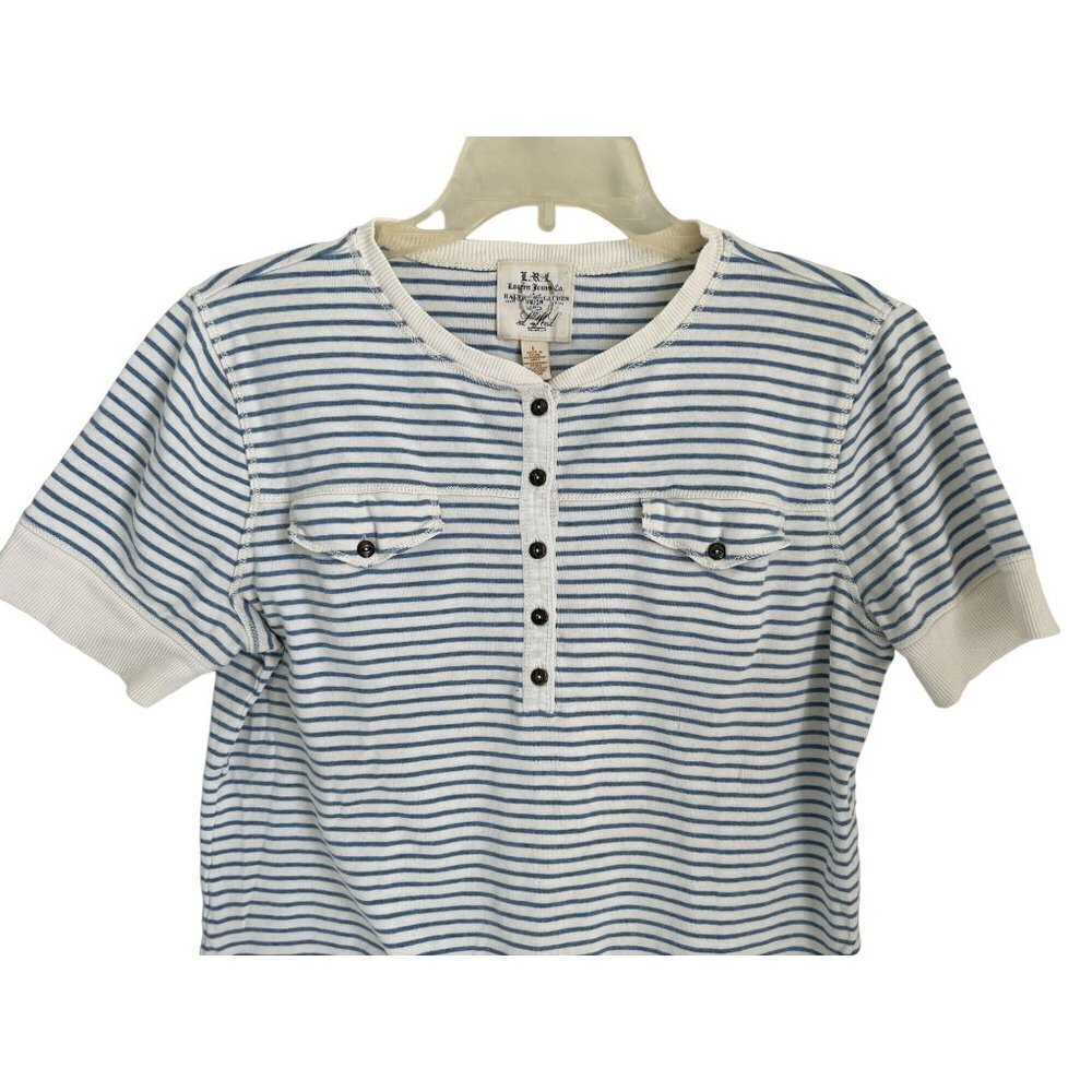 Lauren Jeans Cotton Henley T-Shirt Blue White Stripes Pockets Short Sleeve - Picture 3 of 6